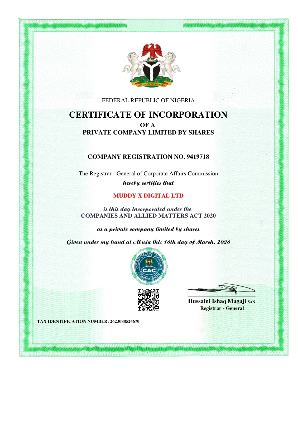 Muddy X Digital Ltd CAC Certificate of Incorporation - RC 9419718